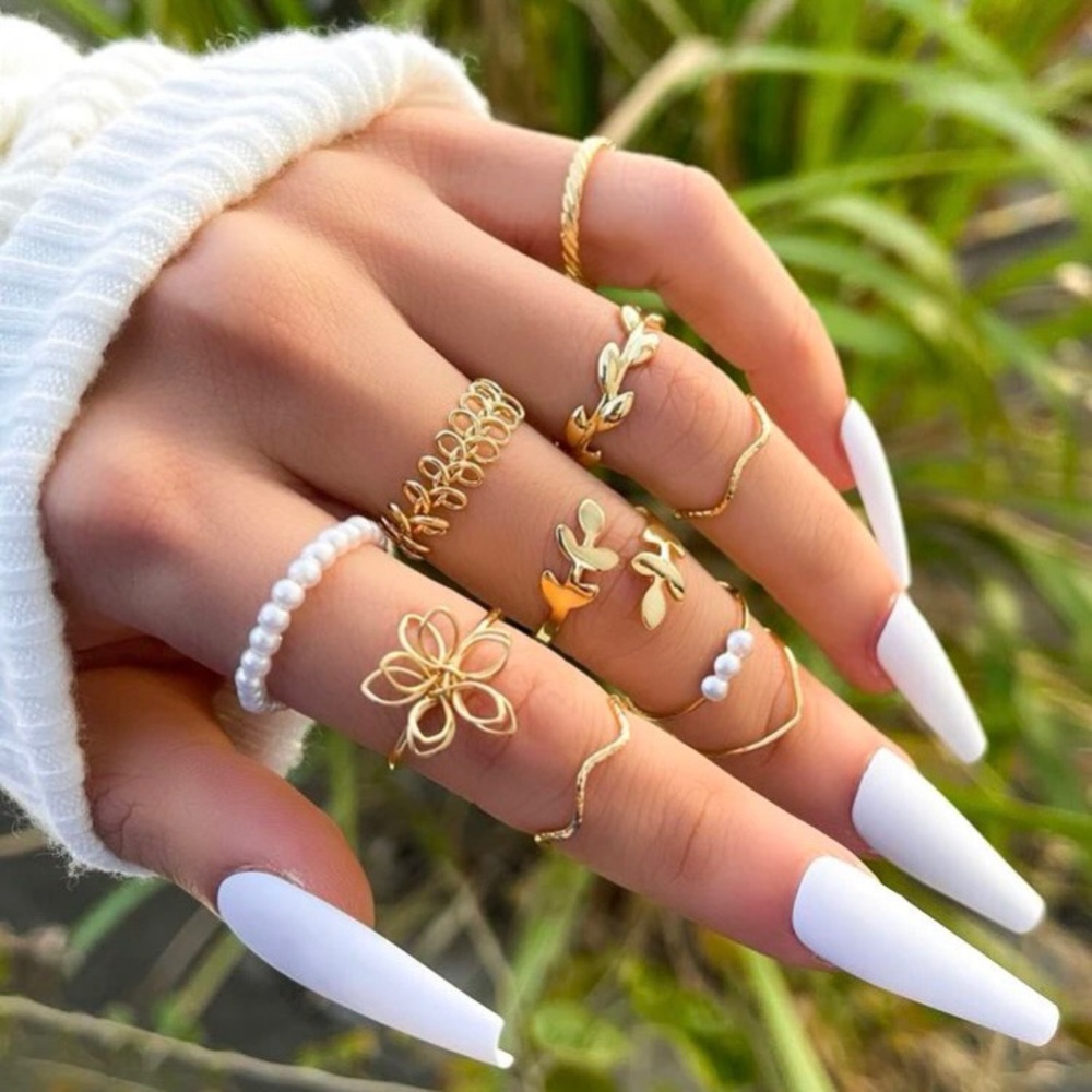 10pcs Faux Pearl Vine Flower Ring Set